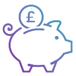 An outline of a piggy bank with a pound symbol coin above it, representing savings and financial planning.