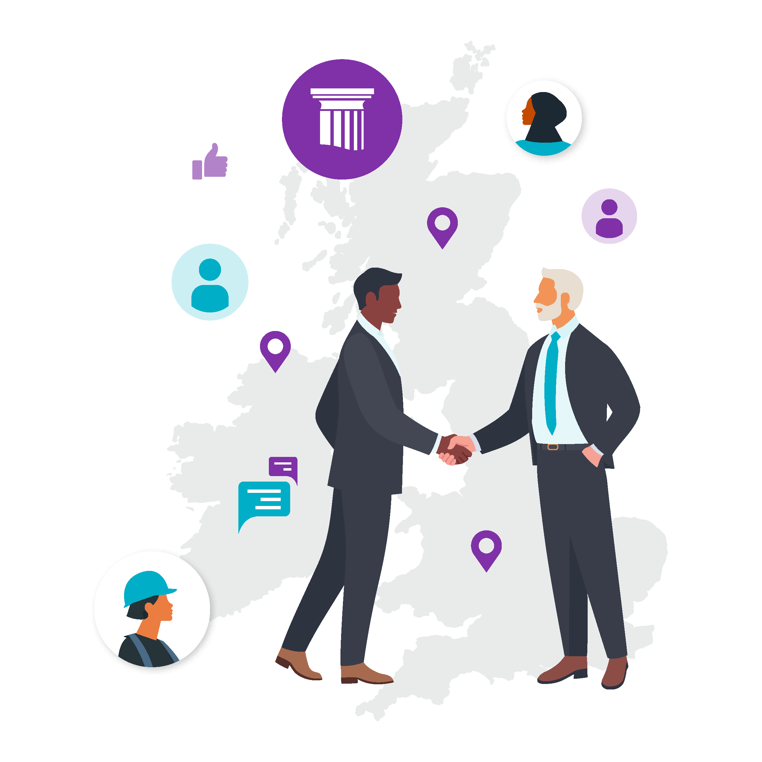 Two businesspeople shake hands over a map of the UK, surrounded by icons representing communication and collaboration.