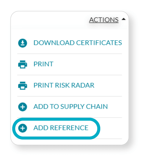 Menu displaying action options including "Add Reference," highlighted in blue, along with other tasks like downloading certificates and printing.