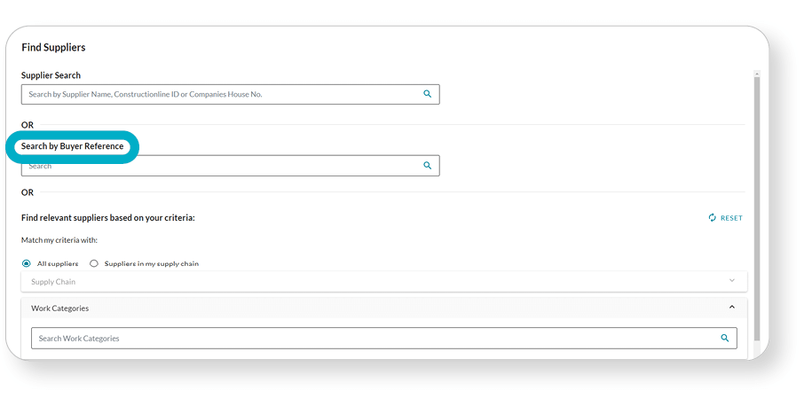A web interface for finding suppliers, featuring search fields for supplier names, buyer references, and criteria filters.