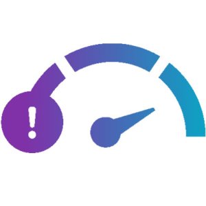 A gauge icon with a warning symbol, indicating caution or alert, featuring a gradient from purple to blue.