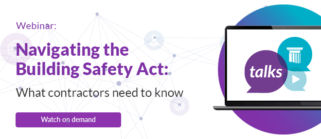Webinar promotion for "Navigating the Building Safety Act" tailored for contractors, featuring a laptop and 'Watch on demand' button.