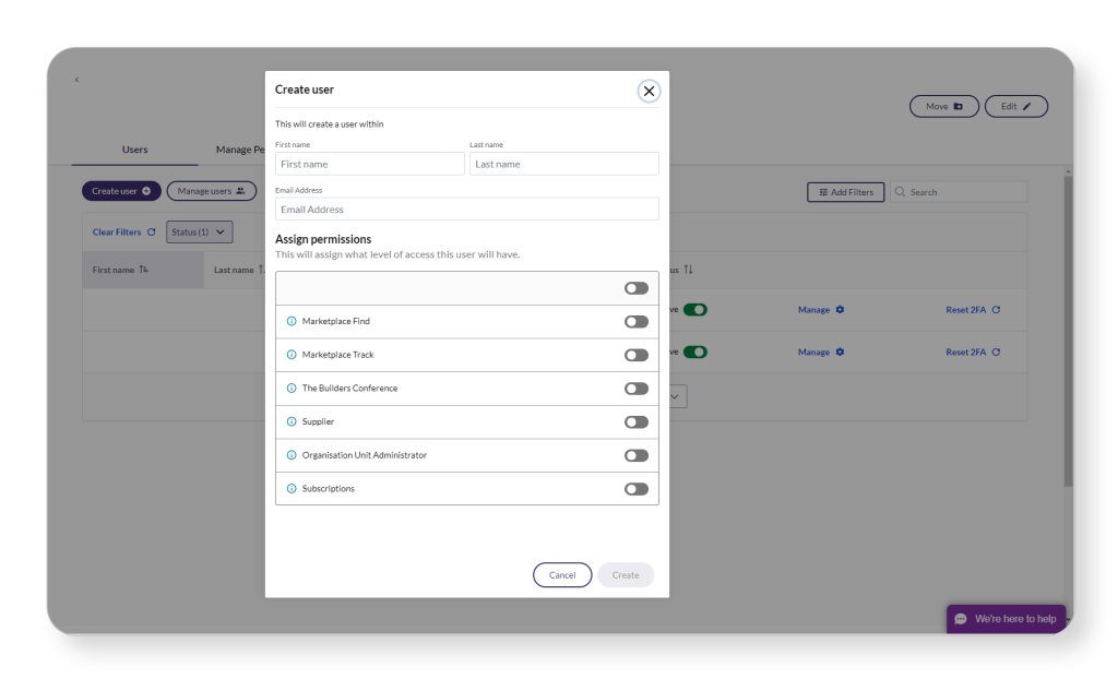 User creation interface displaying fields for first name, last name, email, and permission assignments.