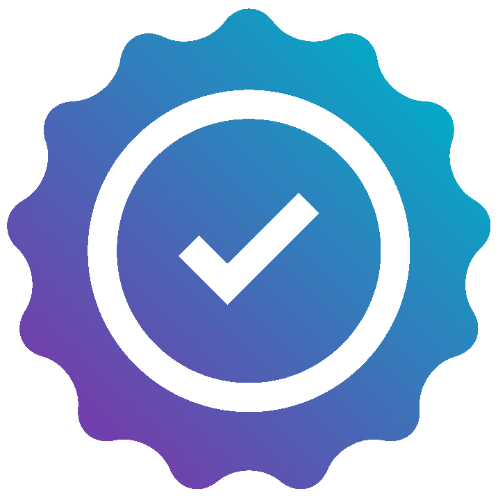 A circular badge with a checkmark in the centre, shaded in gradient blue and purple, showcasing approval or certification.
