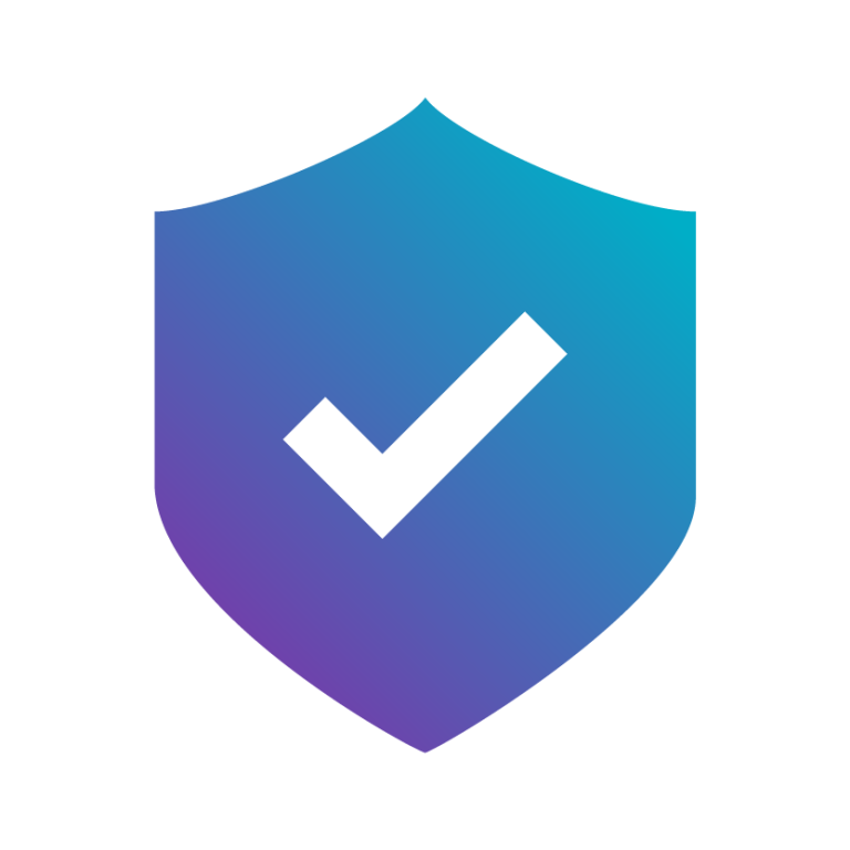 An abstract shield icon in gradient blue to purple, featuring a prominent checkmark for security and trust.