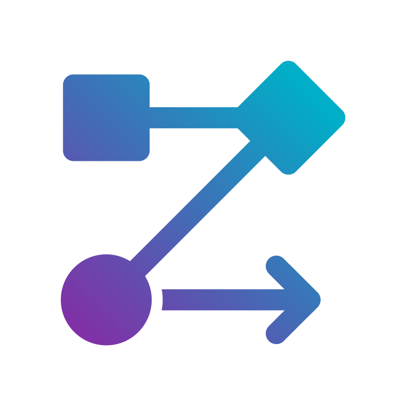 An abstract icon featuring interconnected geometric shapes: a circle, a square, and a diamond, with arrows indicating movement and connection.