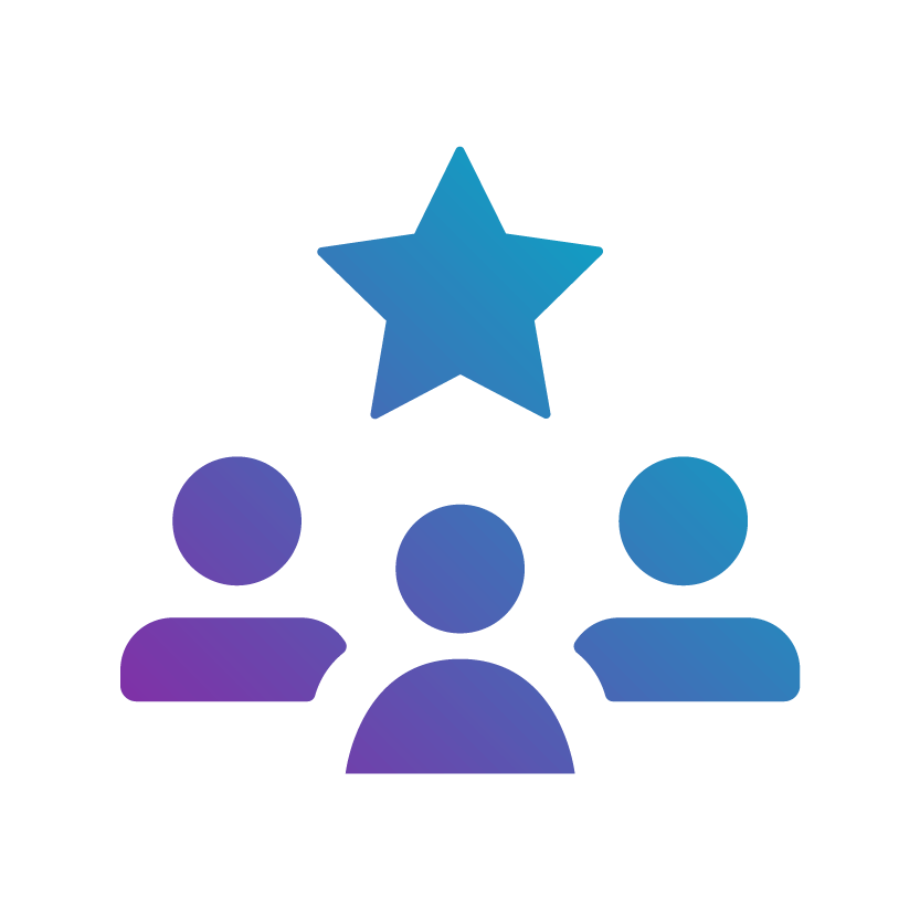 An icon of a person with three stars above, for achievement or success, in a gradient of blue and purple colours.