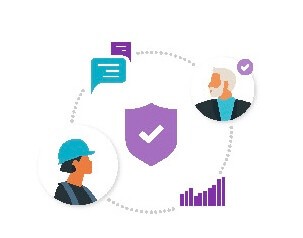 A graphic depicting two people communicating, surrounded by a shield symbol and chat bubbles, representing safety and interaction.