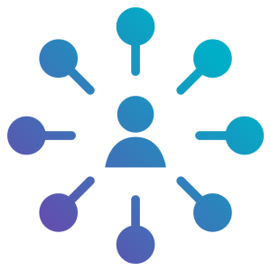 An icon showing a central person silhouette (user profile) radiating connection lines to seven surrounding nodes or points, all rendered in a blue-to-purple gradient.
