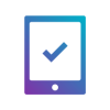 Blue and purple hue icon of a tablet with a check mark in the centre of it representing verification or approval