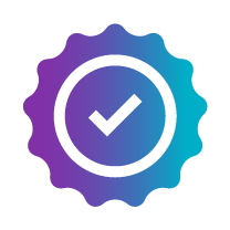 Graphic of a circular badge with a checkmark in the center, designed in a gradient of purple and blue colors.