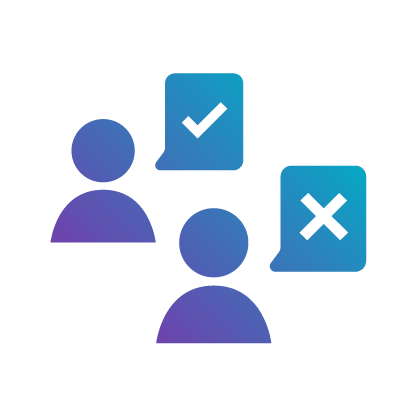 Two people icon with a tick mark and a cross marked in speech bubbles representing feedback