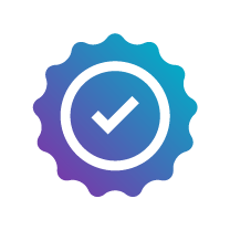 A stylized badge in gradient blue and purple with a black checkmark in the center, symbolizing approval or quality assurance.