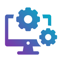 A computer monitor with two interconnected gears, representing software development and system management.