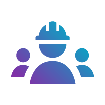 Icon of three figures, one wearing a safety helmet, symbolising teamwork in construction or related industries.