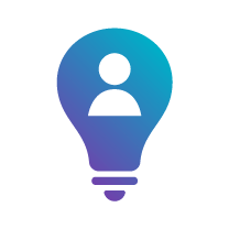 Icon of a light bulb with a human figure inside, blending shades of blue and purple, symbolising innovation and creativity.