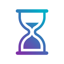 A stylized hourglass icon with a gradient of blue and purple colors, symbolizing time and patience.