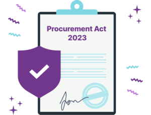 Illustration of a clipboard with the title Procurement Act 2023 written on top and a shield with a tick verified marker