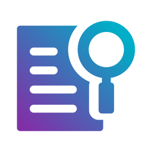 Icon featuring a document with lines and a magnifying glass, representing search or research functionality.