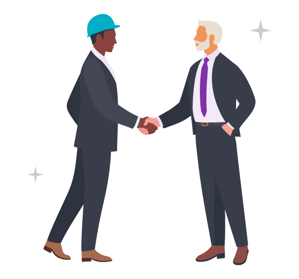 Flat illustration of a man in a hard hat and suit shaking hands with a man in a business suit.