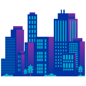 A colorful city skyline graphic featuring various geometric buildings in shades of blue and purple.