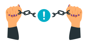 Two hands gripping broken chains with a turquoise circle and exclamation mark in the center, symbolising freedom and alertness.