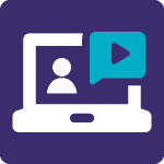 Icon of a laptop displaying a person’s silhouette and a video play button, set against a purple background.