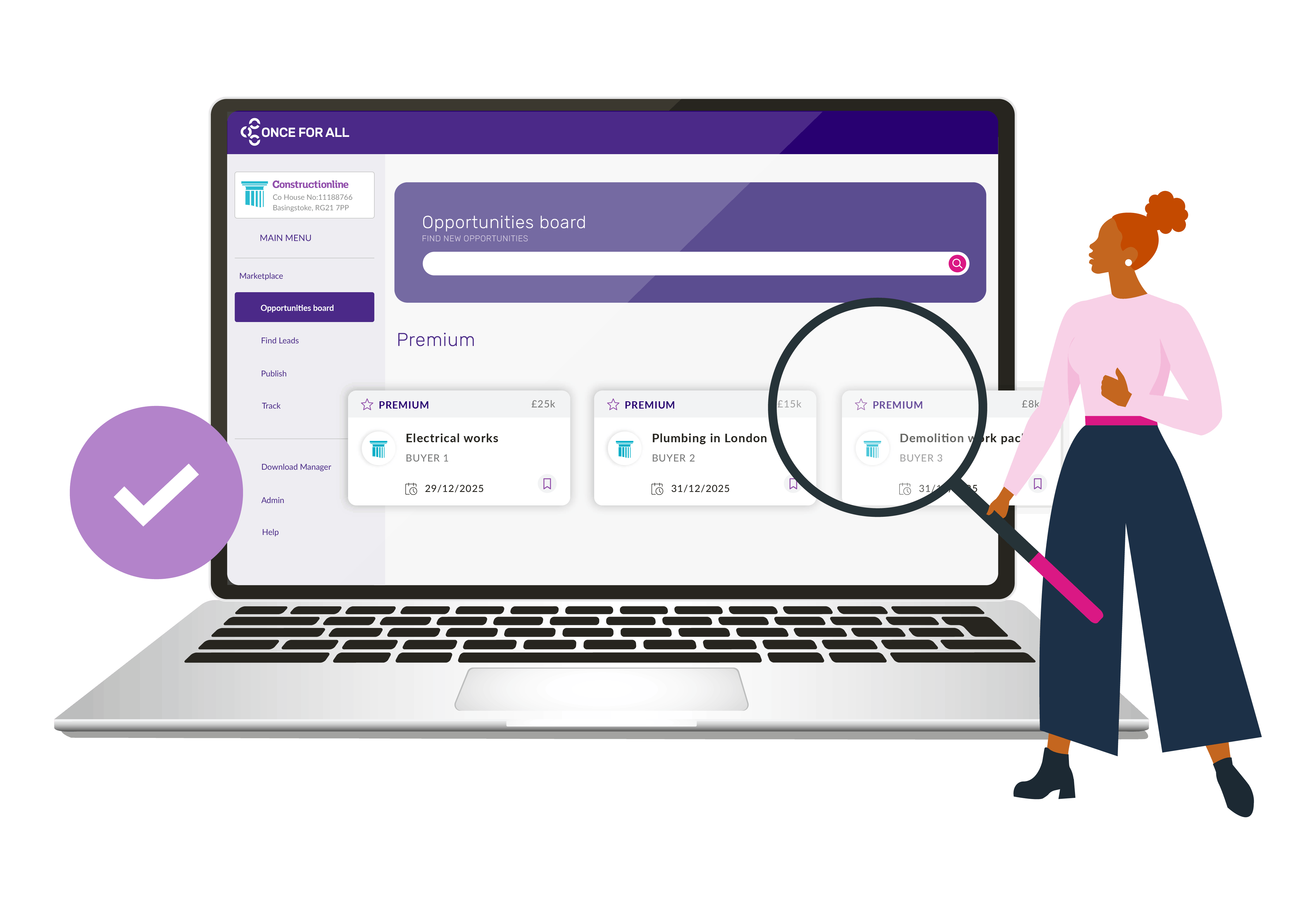 Illustration of a woman using a laptop to explore premium construction job opportunities on the Once For All platform with a magnifying glass.