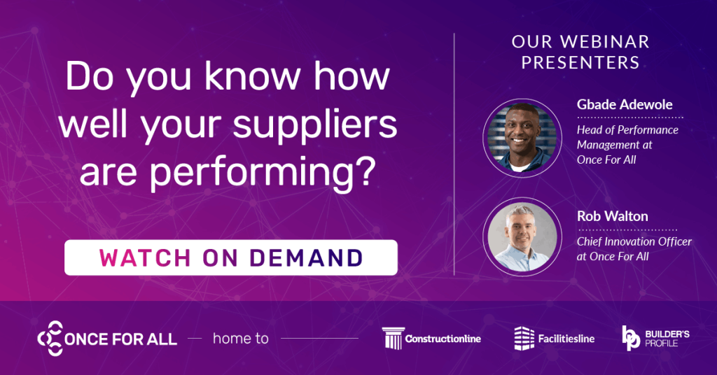 Webinar promotion asking, "Do you know how well your suppliers are performing?" with presenters Gbade Adewole and Rob Walton. Watch on demand.