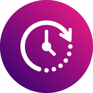 Icon of a clock with an arrow circling clockwise, symbolizing time or history, on a purple to pink gradient circular background.
