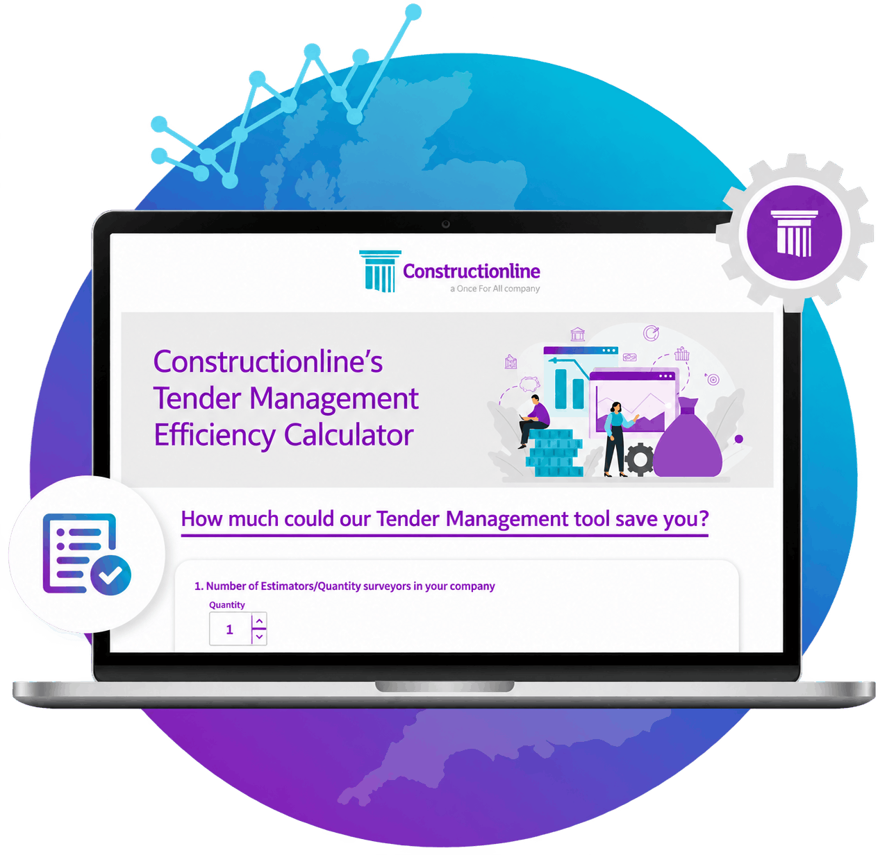 Laptop displaying Constructionline’s Tender Management Efficiency Calculator, with a globe, analytics graph, and construction-themed icons.