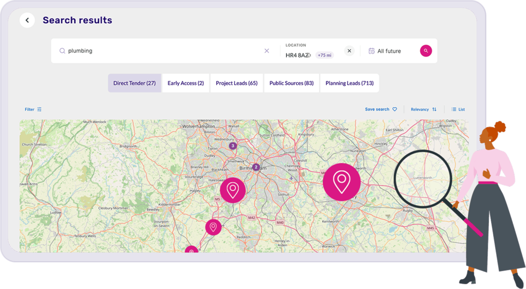 Search results for plumbing displayed on a map with location pins, filters, category tabs, and a person using a magnifying glass.