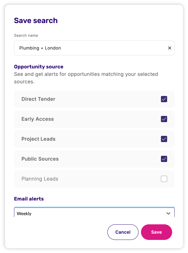 Save search form for “Plumbing + London” with opportunity sources selected and weekly email alerts enabled.