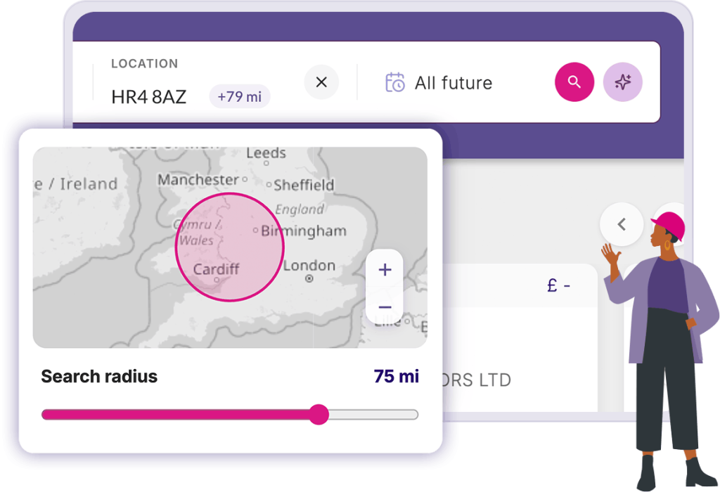 Job search interface showing location HR4 8AZ, a map centered on Wales, and a 75-mile search radius slider.