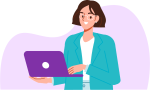 Illustration of a smiling woman holding a purple tablet against a light purple abstract background.