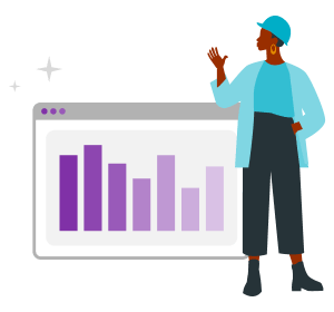 Illustration of a presenter gesturing beside a browser chart with purple vertical bars.