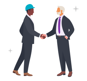 Two businessmen in suits shake hands, with sparkling accents symbolising a successful partnership.