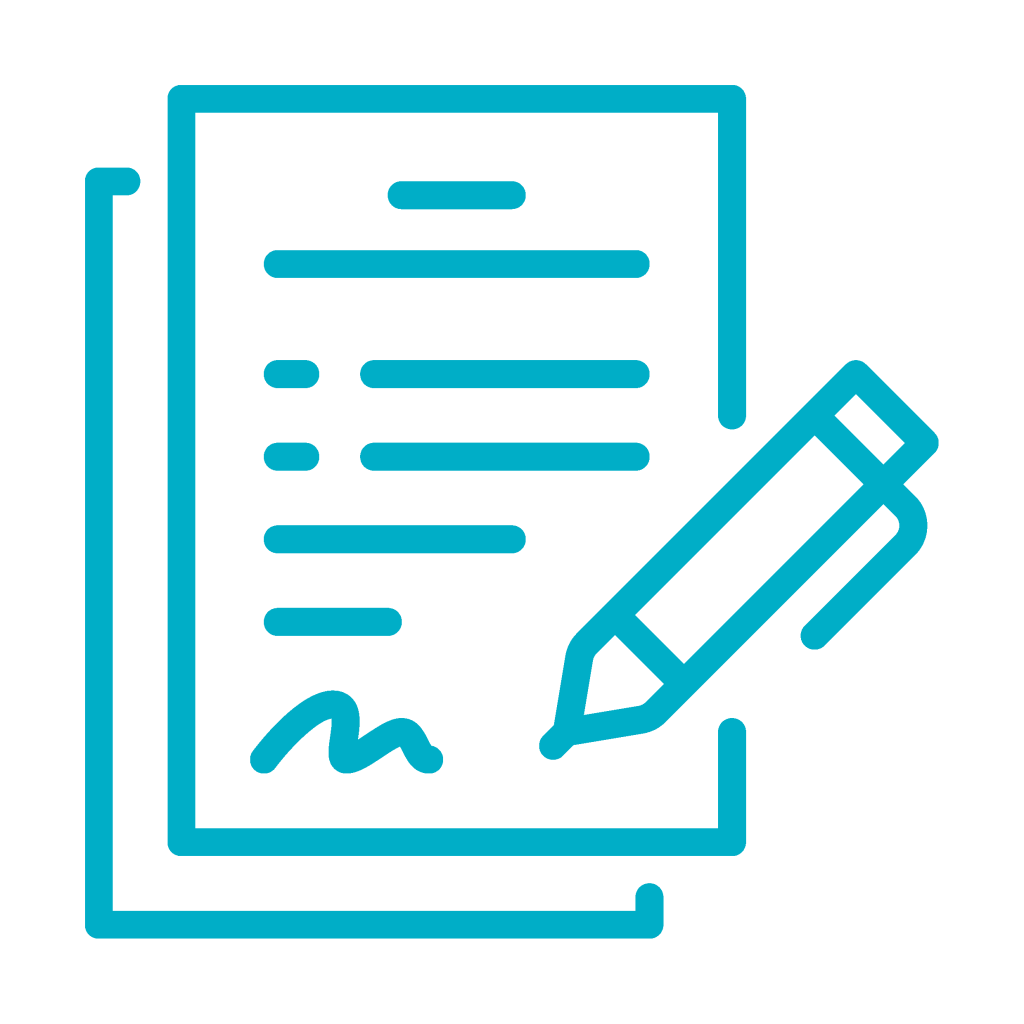 An illustration of a document with lines of text, accompanied by a pencil, representing writing or note-taking activities.