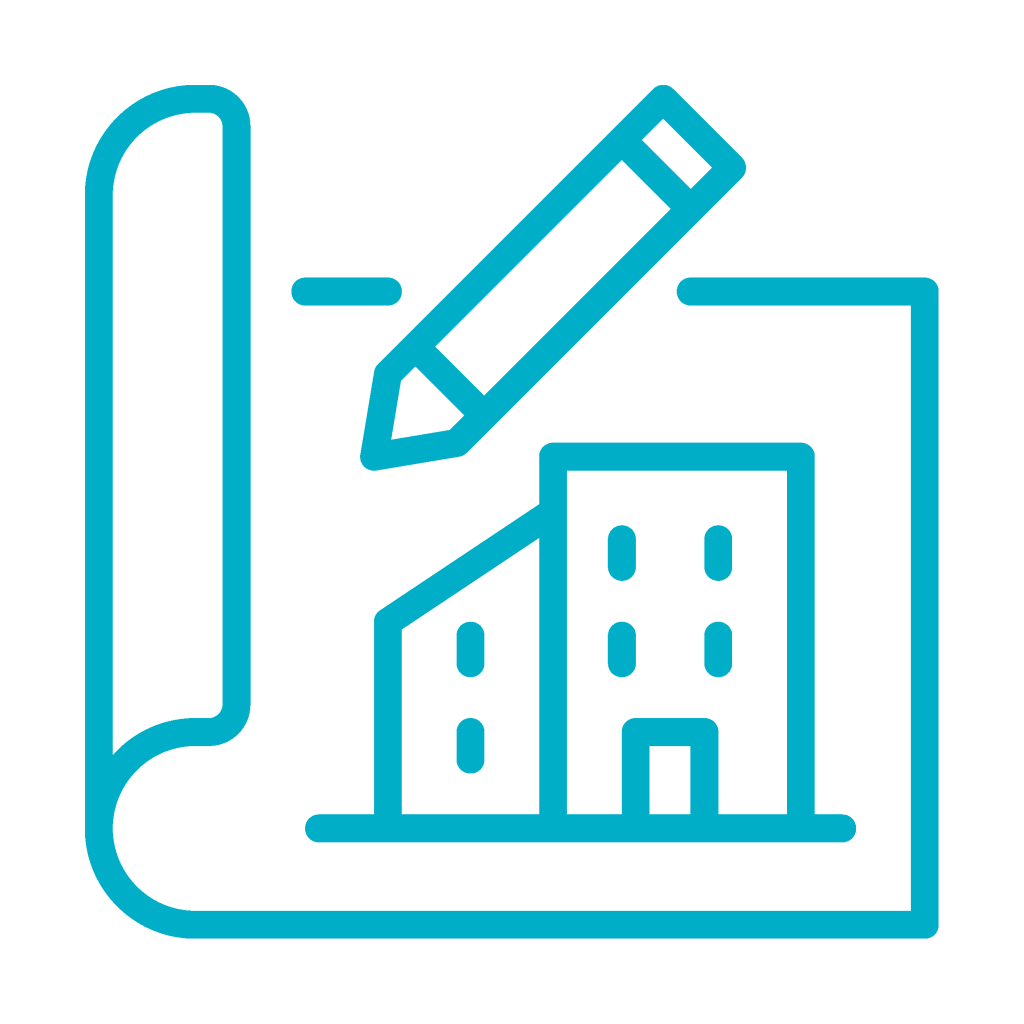 Icon of a blueprint with a pencil sketching a building design, for architecture and planning.