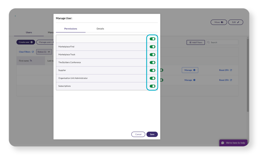 Popup window for managing user permissions in an application, showing options for toggling various features on and off.