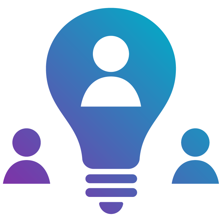 Lightbulb icon with silhouettes of 3 people representing knowledge or understanding being shared