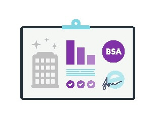 Graphic depicting a building, bar graph, check marks, and the text "BSA" in purple, illustrating data and related concepts.