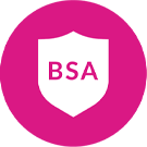 Logo of BSA, featuring a white shield with the letters "BSA" in bold, set against a vibrant pink circular background.