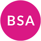 Logo featuring the letters "BSA" in white on a vibrant pink circular background.