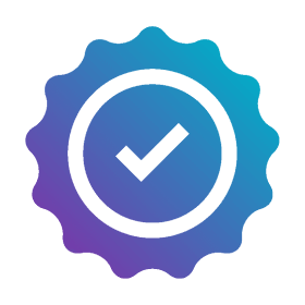 A circular badge with scalloped edges, featuring a checkmark symbol inside, displayed in a gradient of blue and purple colors.