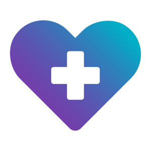 A heart icon with a gradient from turquoise to purple, featuring a white medical cross in the centre.