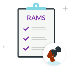 A clipboard labeled "RAMS" with checkmarks and a profile silhouette of a woman, for task completion and assessment.
