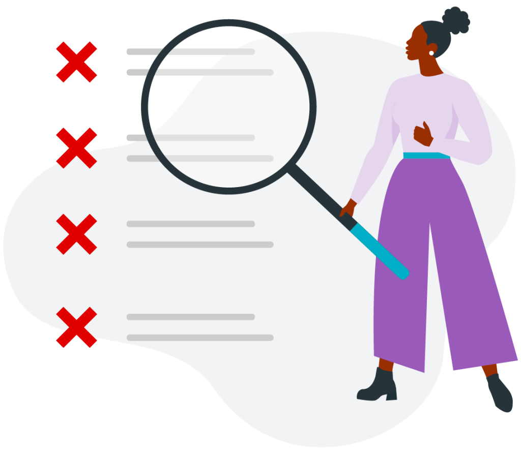 Illustration of a person using a magnifying glass to review a checklist with red crosses, representing compliance checks or supplier assessment.