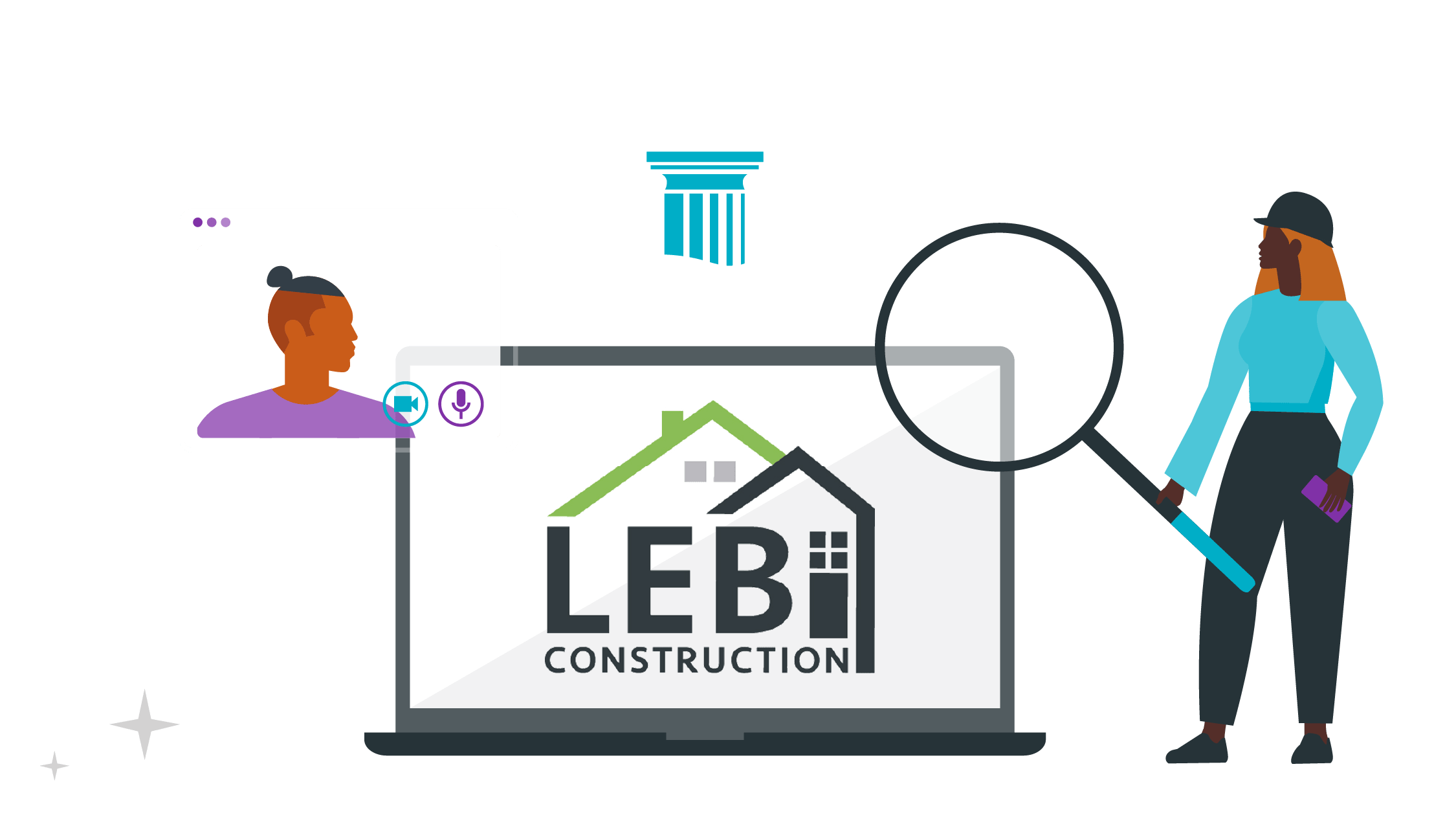 A woman holding a magnifying glass stands beside a laptop displaying a construction company logo and a video call interface.