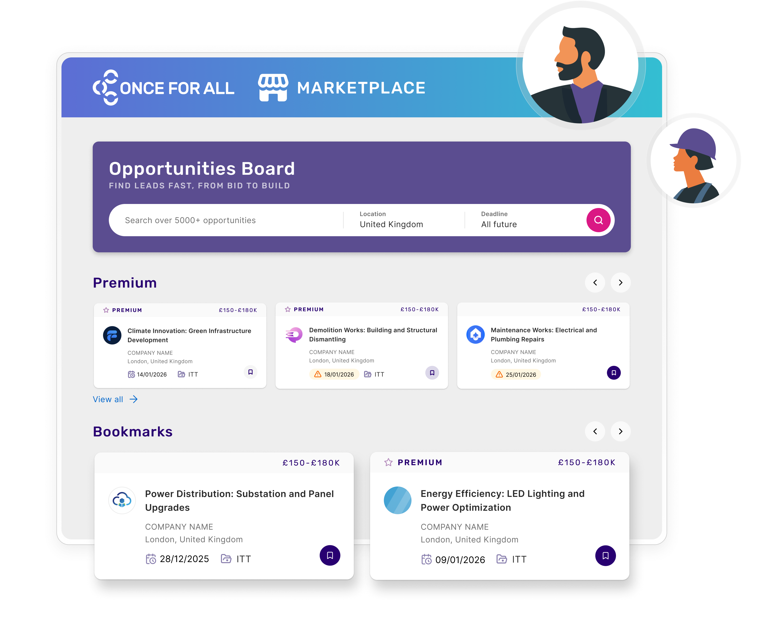 An illustration of a digital "Opportunities Board" interface for the "Once for All Marketplace," showcasing several premium and bookmarked construction project leads, such as "Climate Innovation" and "Demolition Works." The page is framed by two small character illustrations: a man in the top right and a woman in a cap on the side.